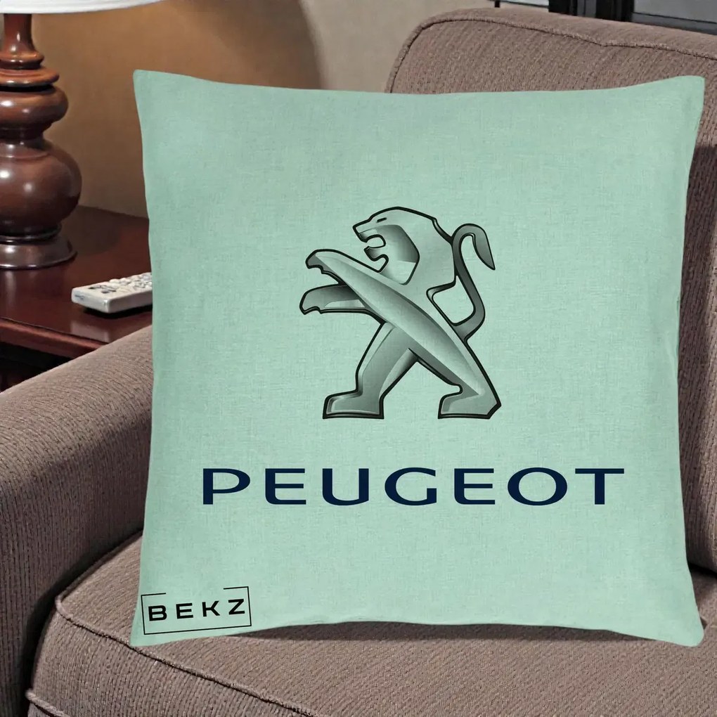 Perna Personalizata cu emblema Peugeot, 40x40 cm, Verde Menta, Husa Detasabila, Perna Inclusa, BEKZ®