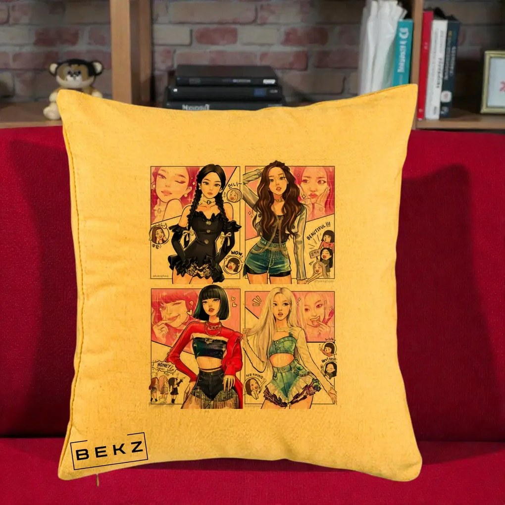 Perna Personalizata K-pop BLACKPINK Fanart Manga Benzi Desenate 4 Membre, 40x40 cm, Galben, Husa Detasabila, Perna Inclusa, BEKZ®
