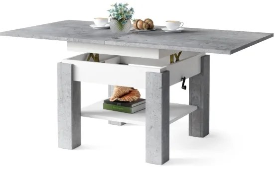 Masă extensibilă CALEB pentru living și dining cu blat cu mecanism de ridicare, gri beton/alb