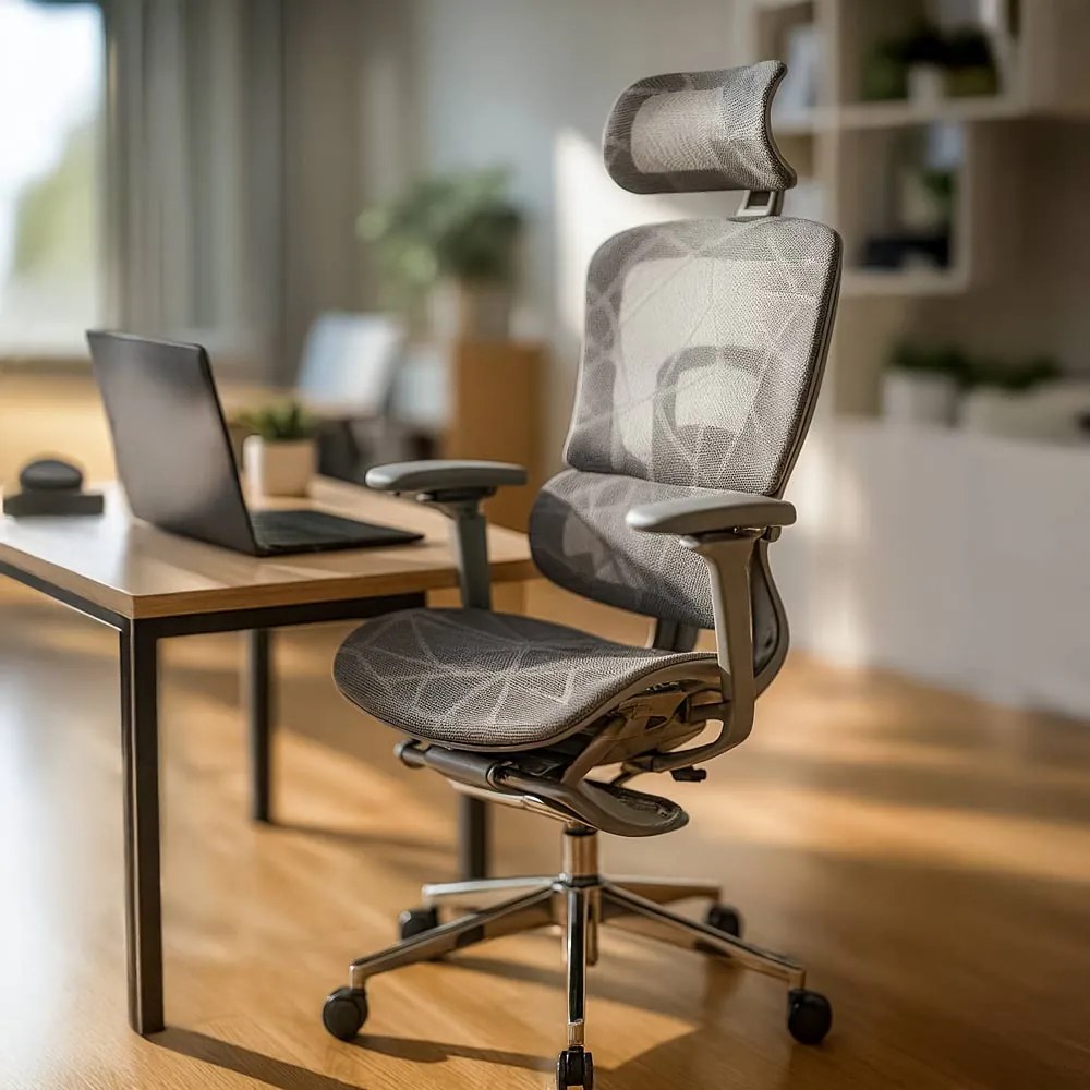 Scaun ergonomic pentru birou gri cu mesh și brațe reglabile 4D  SYYT 9520