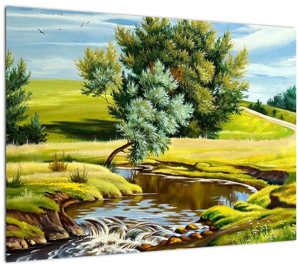 Tablou pe sticlă - Râu între câmpii, pictură în ulei (70x50 cm)