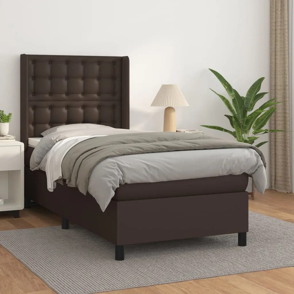 3132486 vidaXL Pat box spring cu saltea, maro, 100x200 cm, piele ecologică
