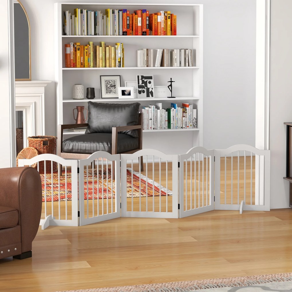 PawHut Barieră pentru câini, 5 panouri, pliabilă, flexibilă, lemn masiv/MDF, 261,5x29,5x61 cm, alb | Aosom Romania