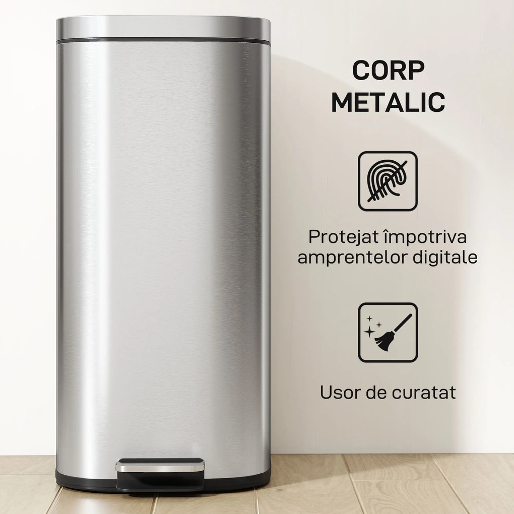 Coș de Gunoi HOMCOM de 30L cu Închidere Amortizată și Găleată Detașabilă, Pedală din Metal și PP, 29x36x59,5 cm, Argintiu | Aosom Romania