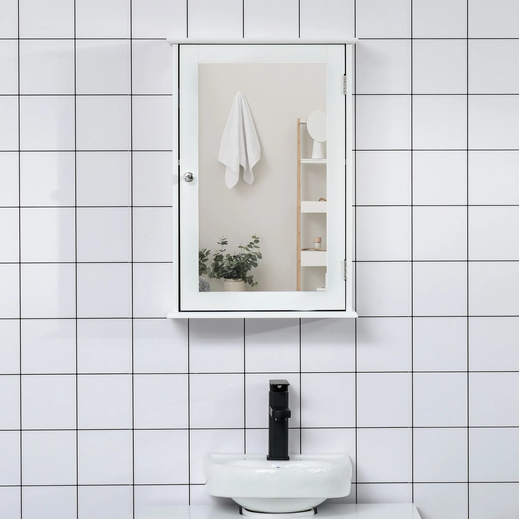 Kleankin Dulapior Suspendat cu Oglindă pentru Baie, Design Modern, Inchidere Magnetica, 41x14x60cm, Alb, din Lemn | Aosom Romania