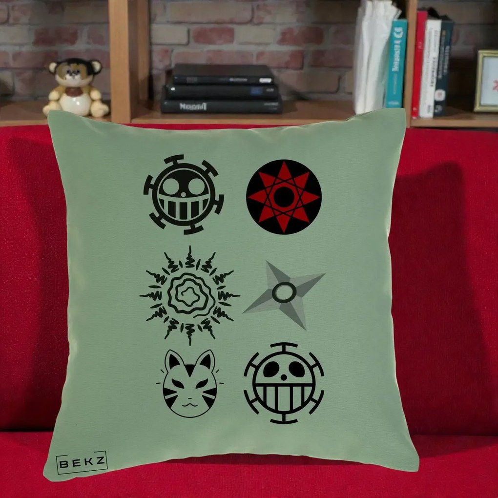 Perna Personalizata Simboluri Anime Mix - Naruto One Piece, 40x40 cm, Verde, Husa Detasabila, Perna Inclusa, BEKZ®
