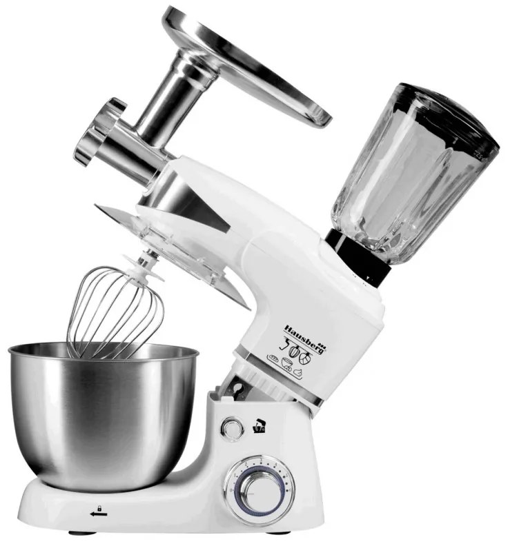 Robot de bucatarie cu bol din otel Hausberg HB-7605AB, 1000W, 5 L, 6 viteze, LED, Blender, Mixer, Masină de tocat carne, Alb