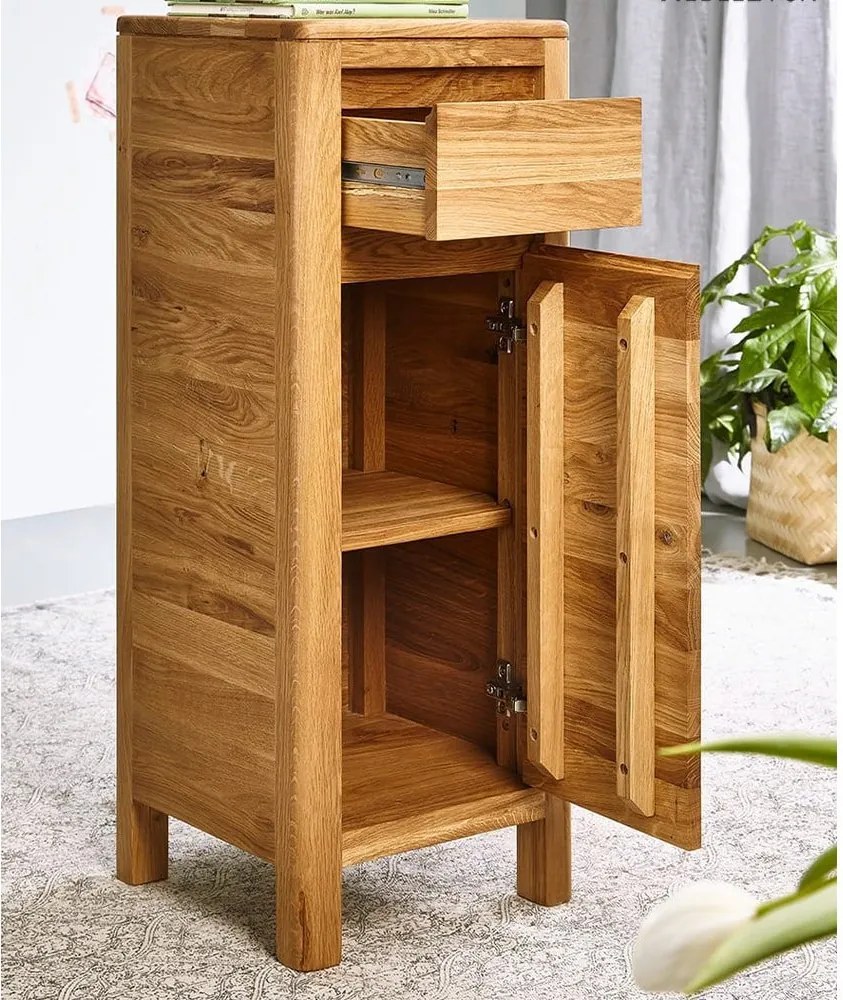 Măsuță stejar masiv cafea cu ușă și sertar Dotti, 30 × 79 × 30 cm