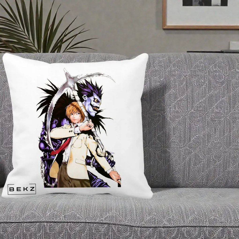 Perna Personalizata Death Note Light si Ryuk Duo, 40x40 cm, Alba Mata, Husa Detasabila, Perna Inclusa, BEKZ®