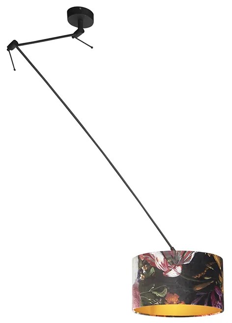 Lampă suspendată neagră cu abajur din catifea cu flori aurite 35 cm - Blitz