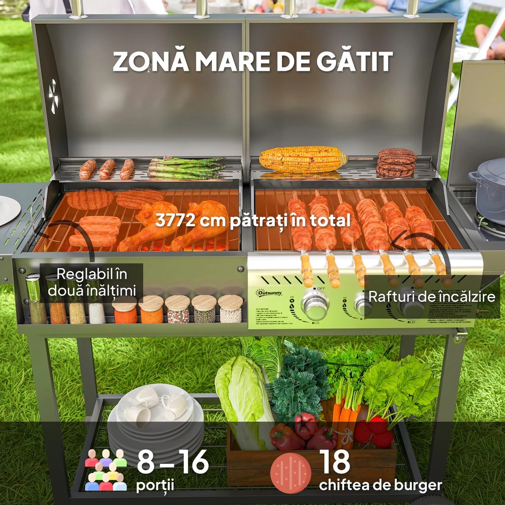Outsunny Grill Gaz-Cărbune, 3 Arzătoare 7kW, Negru | Aosom Romania