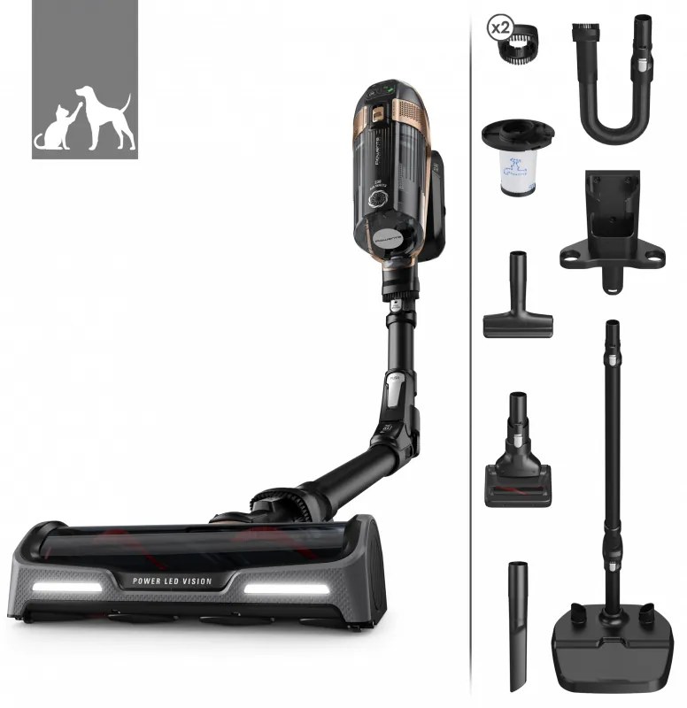 Aspirator vertical Rowenta X-Force Flex 15.60 RH99F1, 520W, 230AW, 0.9 litri, 32.4V, Autonomie 80 min, Auto power, LED, Display, Flex, Negru/Bronz