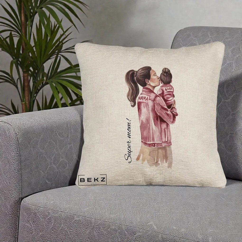 Cadou pentru Mama - Perna Personalizata Super Mom Jachete Roz, 40x40 cm, Bej Canapea, Husa Detasabila, Perna Inclusa, BEKZ®