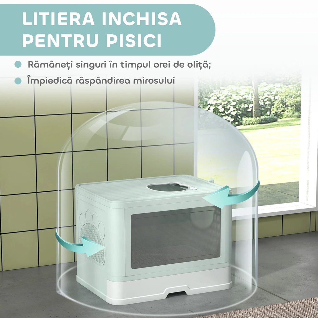 PawHut Litieră de nisip pentru pisici cu Capac, Intrare Dublă, Sertar, Lopățică, Verde | Aosom Romania