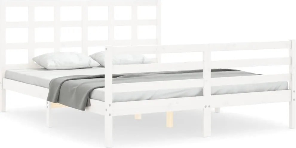 vidaXL Cadru de pat cu tăblie, alb, king size, lemn masiv