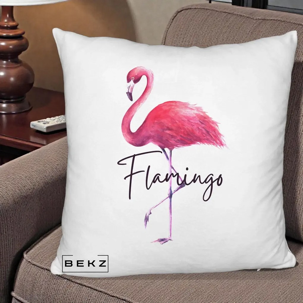 Perna Decorativa Flamingo Acuarela, 40x40 cm, Alb Pufos, Husa Detasabila, Perna Inclusa, BEKZ®