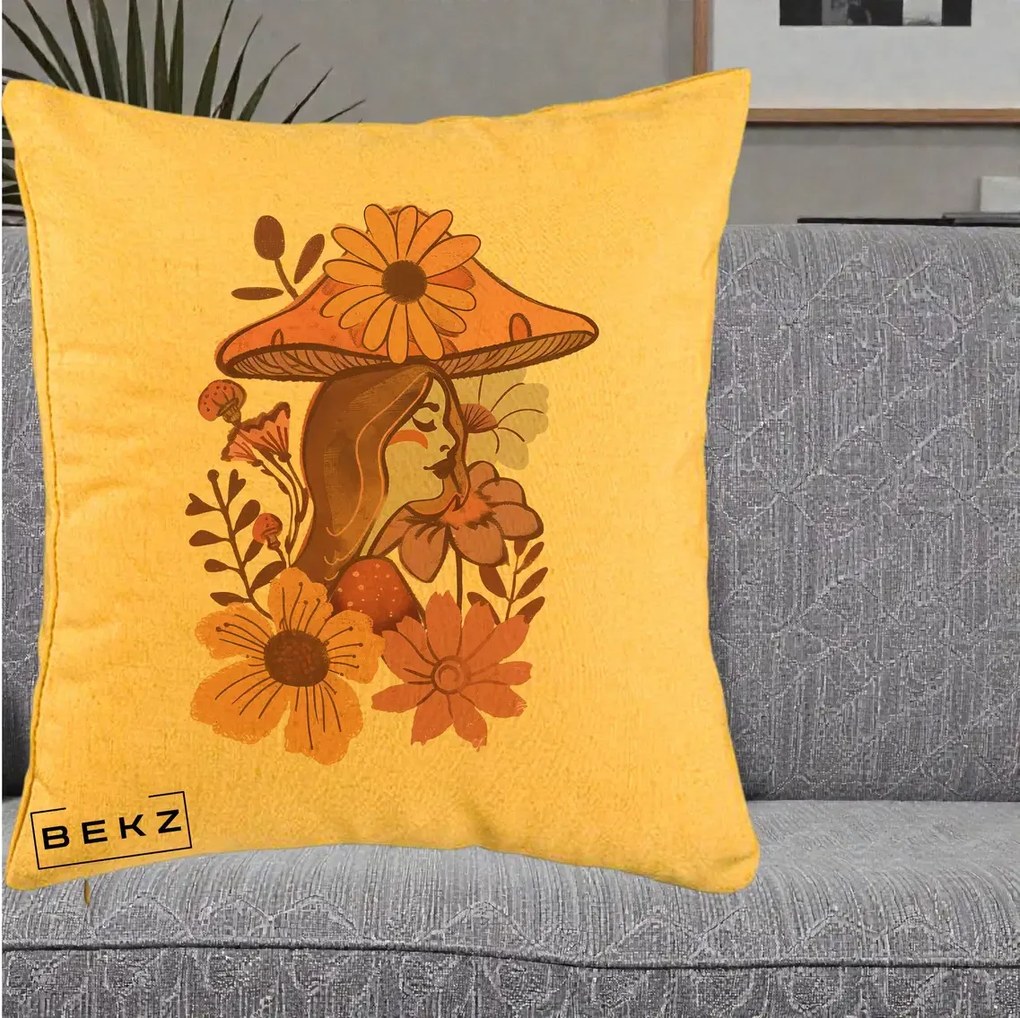Perna Decorativa Fata Ciuperca Florala Boho, 40x40 cm, Galben, Husa Detasabila, Perna Inclusa, BEKZ®