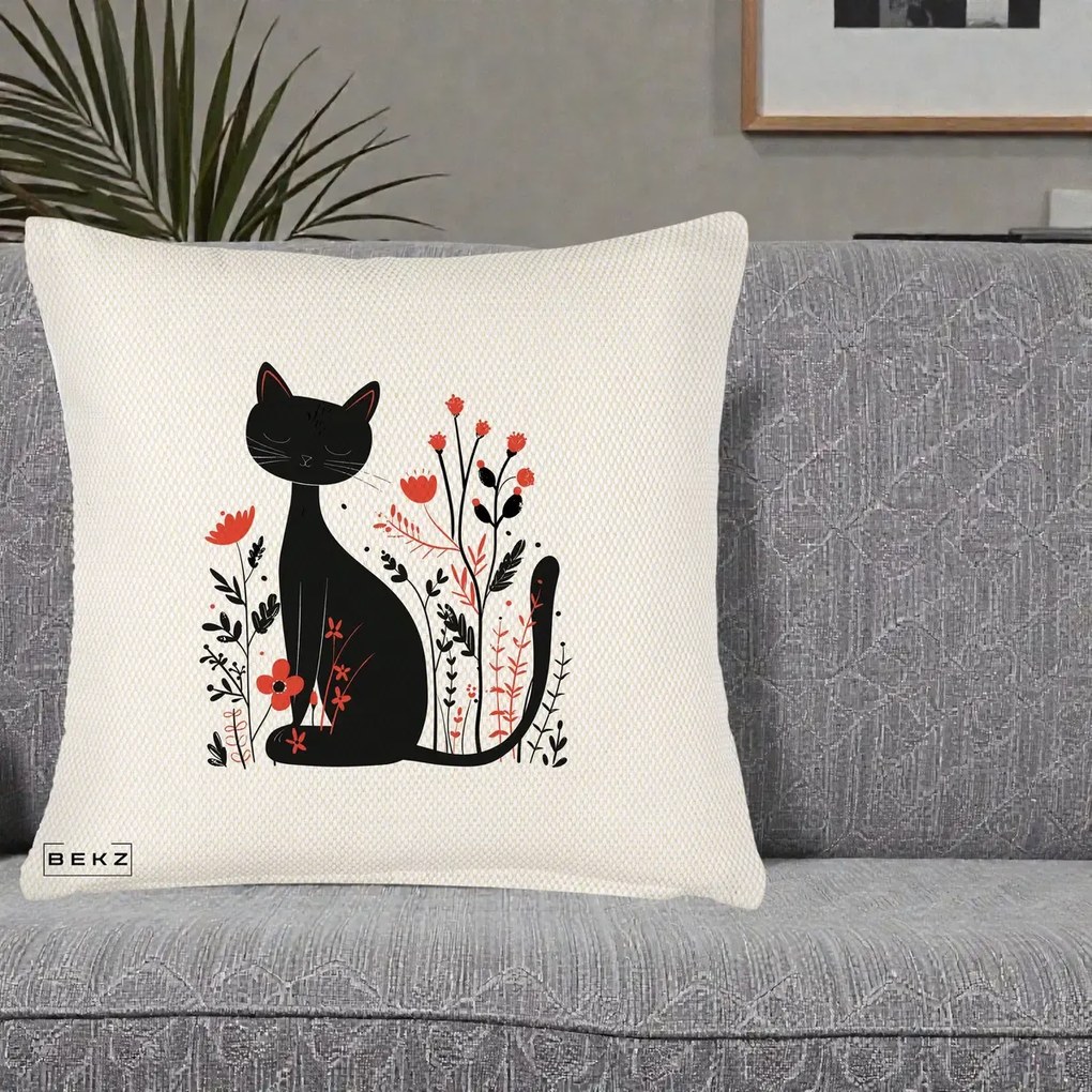 Perna Decorativa Pisica Neagra Flori Rosii Folk Minimal, 40x40 cm, Crem Reliefat, Husa Detasabila, Perna Inclusa, BEKZ®