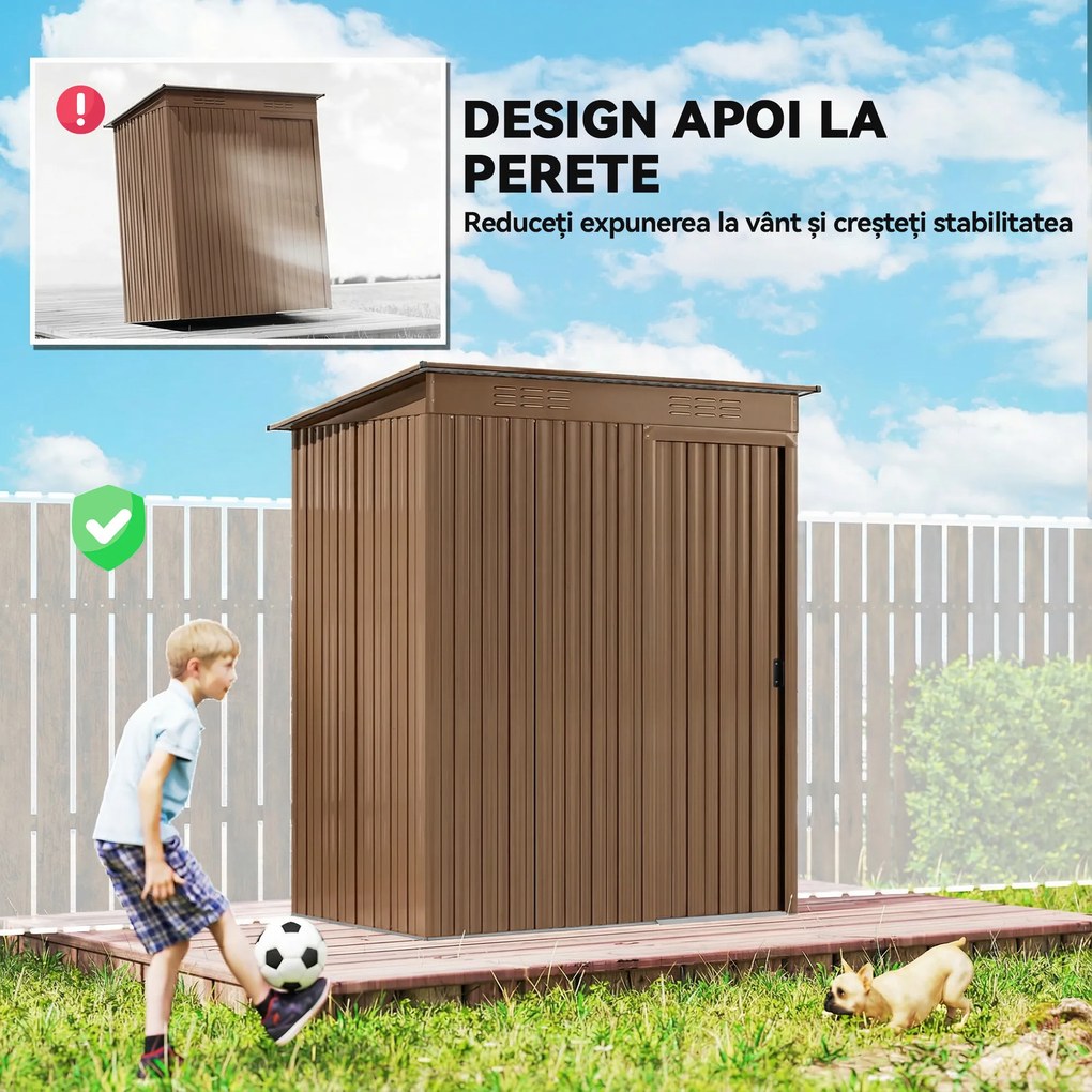 Outsunny Căsuță de Grădină 1.37m² din Metal, Montaj Ușor, Căsuță pentru Unelte de Grădină cu Orificii de Aerisire, Ușă Glisantă, Acoperiș Înclinat și Mănuși, 159x106x181 cm, Maro | Aosom Romania