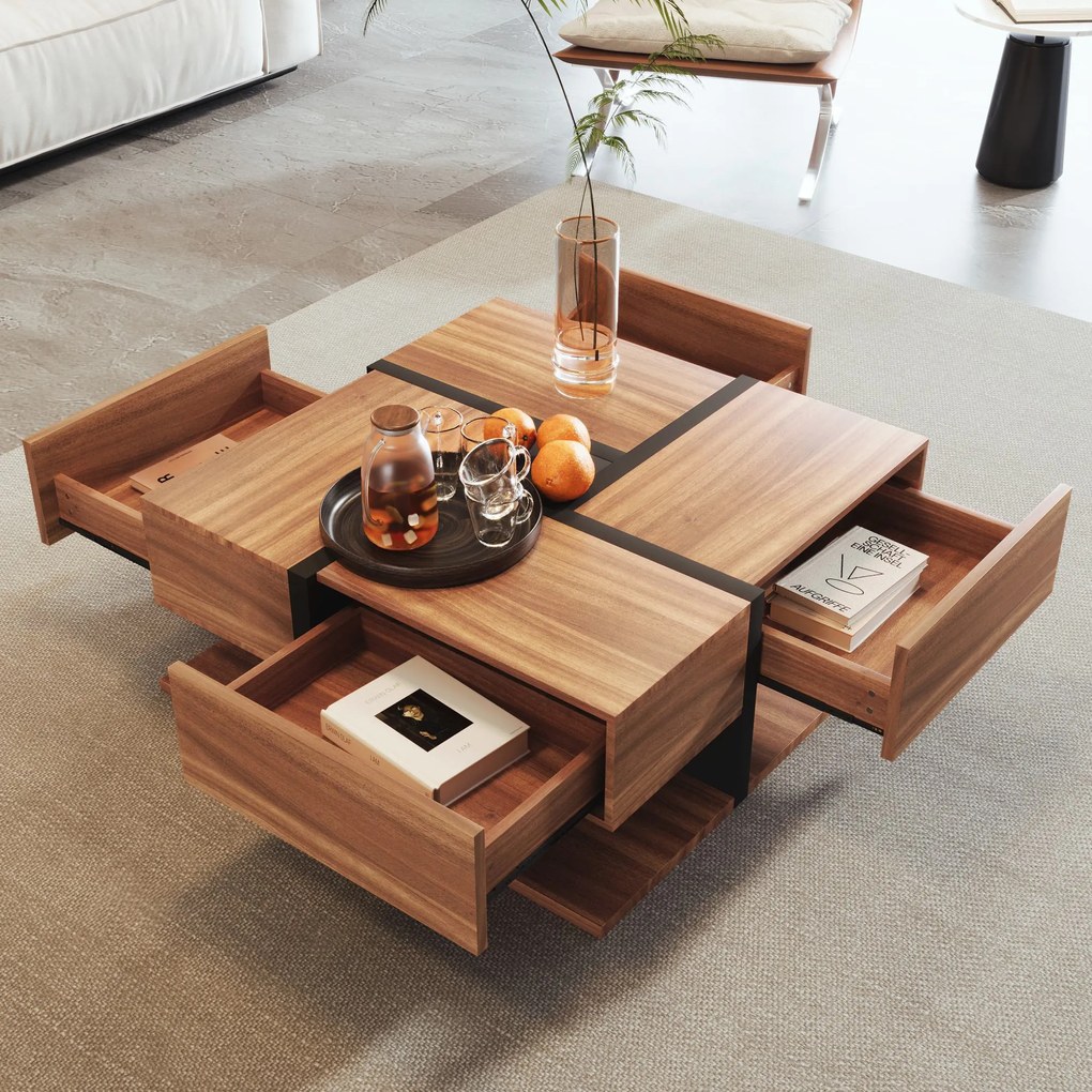 Masă de cafea cu 4 sertare, design unic de culori și linii, spațiu de depozitare inferior, 78×78×36 cm, Natural