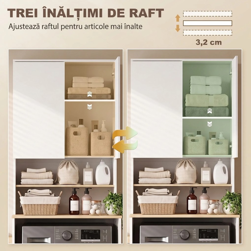 HOMCOM Dulap deasupra Mașinii de Spălat, 2 Uși Soft-Close, Raft Reglabil, 2 Rafturi Deschise, 68x59.8x188.6 cm, Alb și Stejar | Aosom Romania