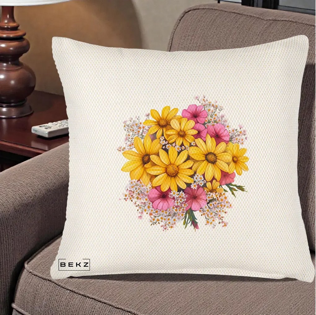 Perna Decorativa Floarea-Soarelui cu Cosmos Roz si Gypsophila, 40x40 cm, Crem Reliefat, Husa Detasabila, Perna Inclusa, BEKZ®