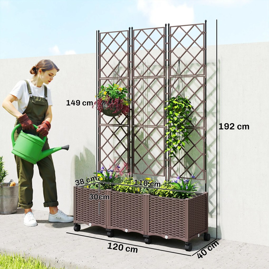 Outsunny Jardinieră Înălțată cu Grilaj 130L, Pat pentru Grădină Înălțat de Exterior cu Roți Blocabile, Sistem de Autoirigare, Găuri de Drenaj pentru Plante Cățărătoare, Legume, Flori, Maro | Aosom Romania