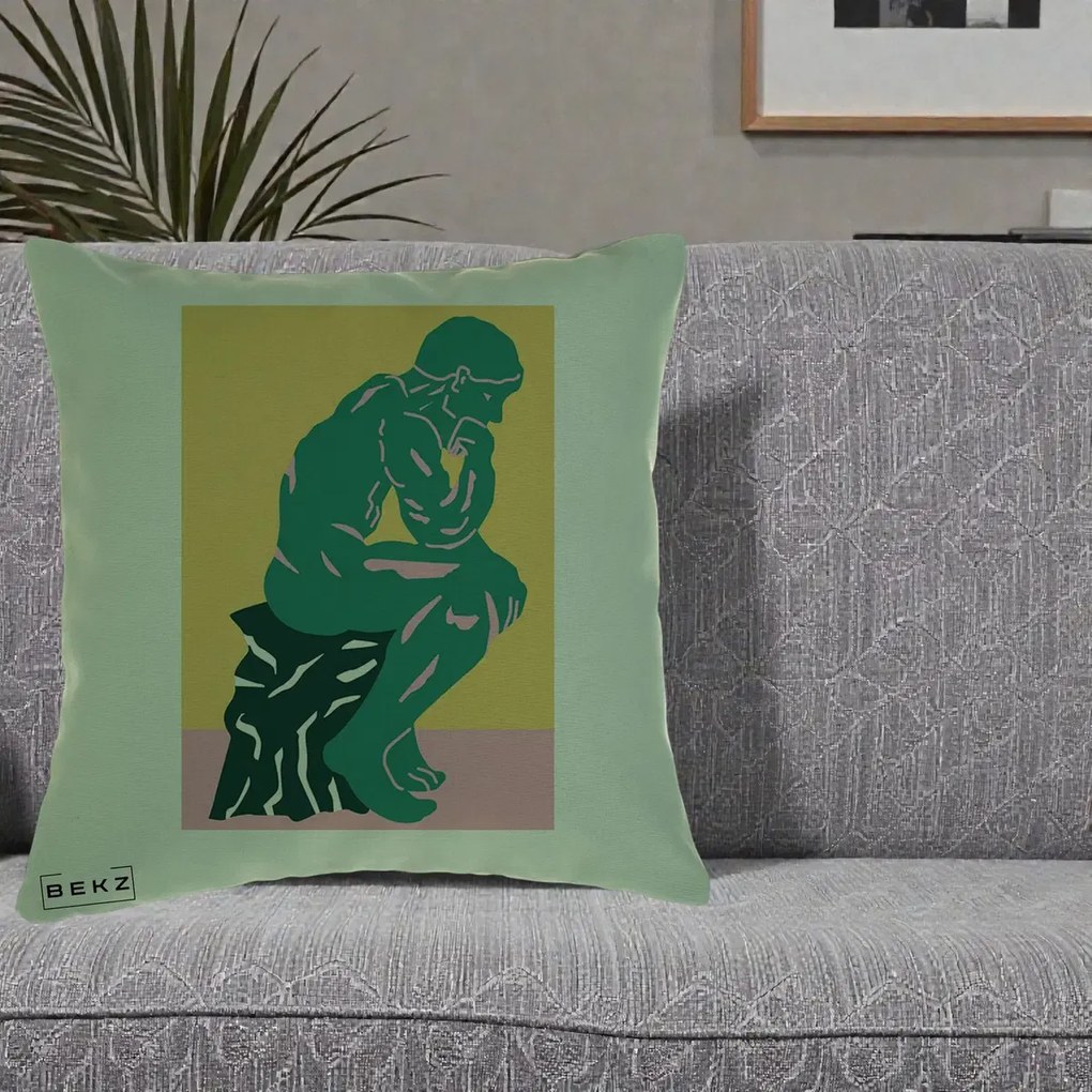 Perna Decorativa Ganditorul Sculptura Pop Art, 40x40 cm, Verde, Husa Detasabila, Perna Inclusa, BEKZ®