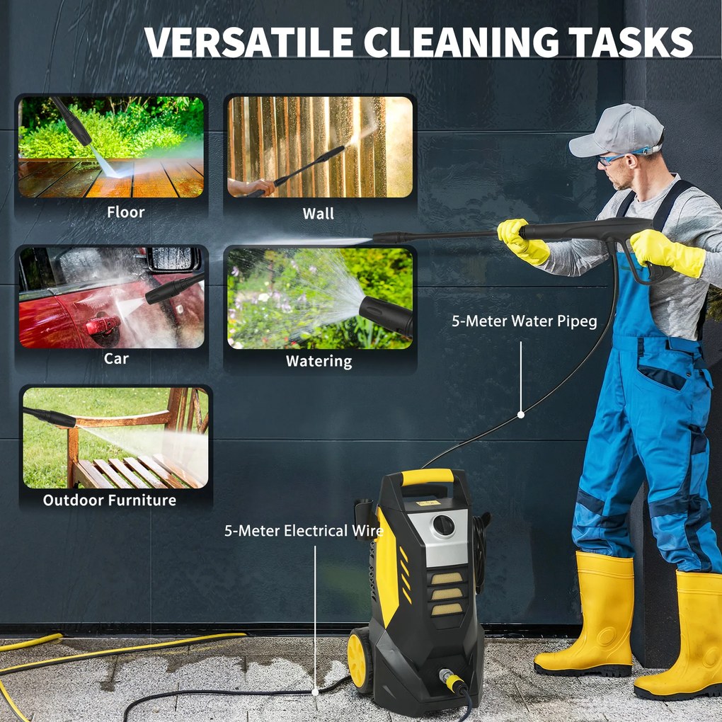 Outsunny Aparat de spălat sub presiune cu pompă din aluminiu 135 bar presiune maximă 1800W putere 540 l/h furtun 5m duză reglabilă &amp; mânere | Aosom Romania