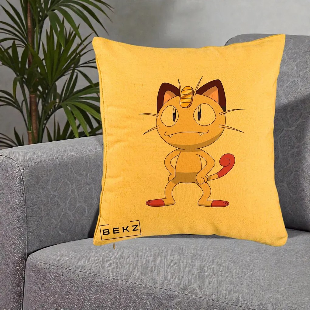 Perna Personalizata Meowth Pokemon, 40x40 cm, Galben, Husa Detasabila, Perna Inclusa, BEKZ®