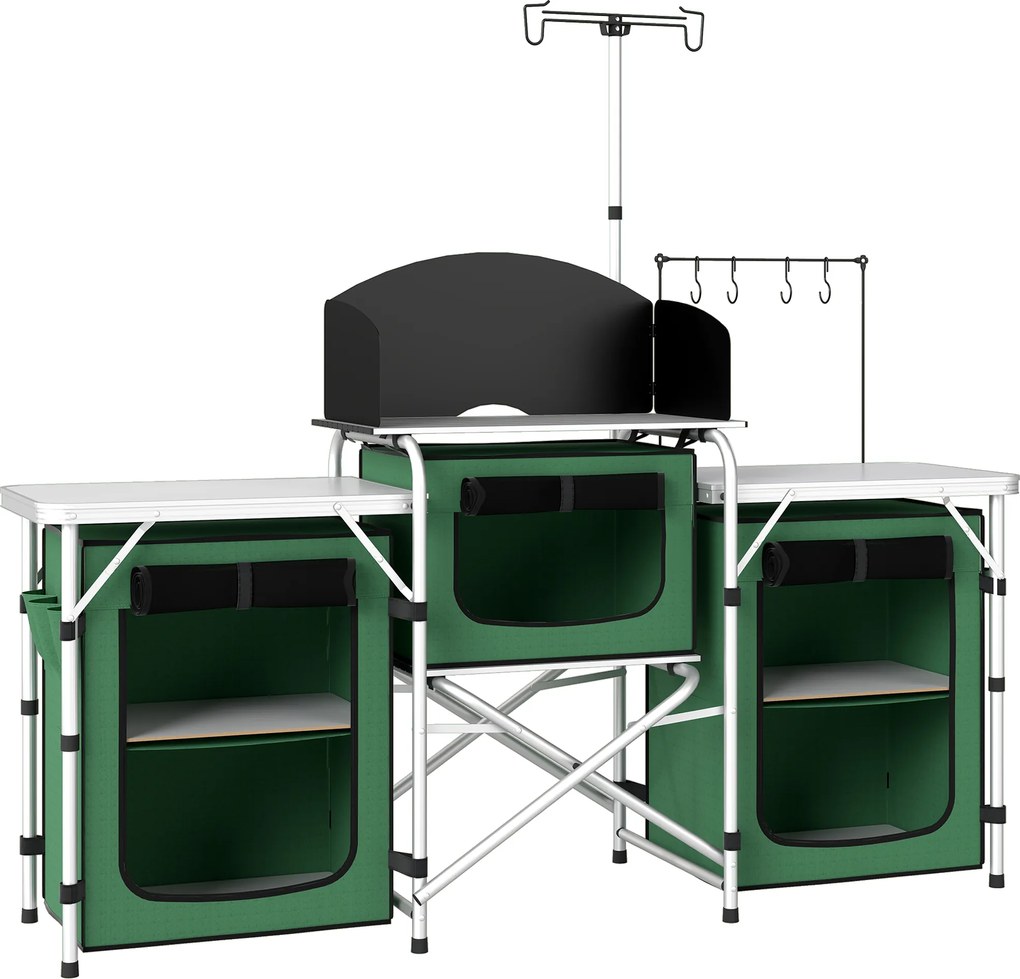 Outsunny Mobilier de Bucătărie pentru Camping Pliabil cu 3 Blaturi, 4 Cârlige, Stâlp de Lumină și Husă de Transport 172x48x119 cm Verde | Aosom Romania