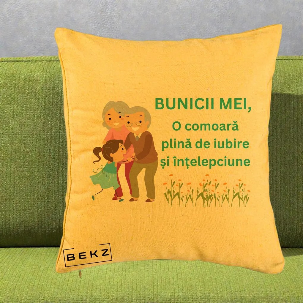 Cadou pentru Bunici - Perna Personalizata Bunicii Mei Comoara Iubire Intelepciune Nepoata, 40x40 cm, Galben, Husa Detasabila, Perna Inclusa, BEKZ®