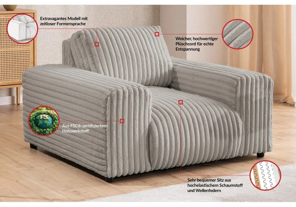 Fotoliu gri deschis cu tapițerie din catifea reiată Justin – Ropez