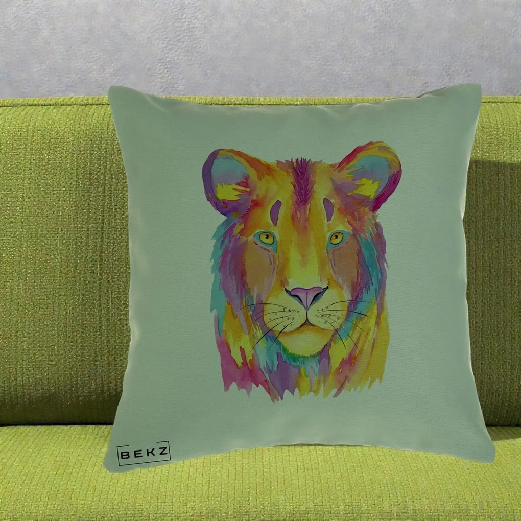 Perna Decorativa Leu Acuarela Curcubeu, 40x40 cm, Verde, Husa Detasabila, Perna Inclusa, BEKZ®