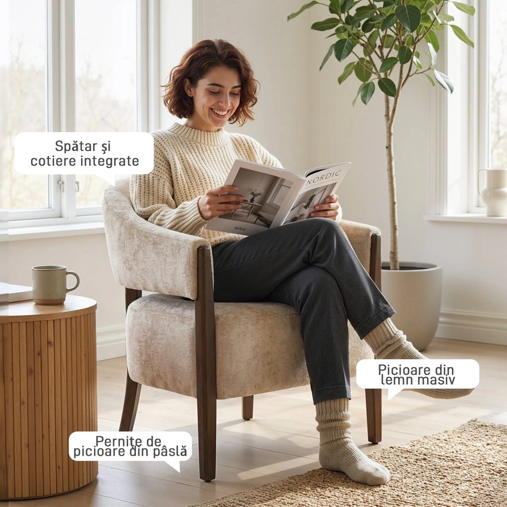 HOMCOM Fotoliu Elegante Tapițat cu Catifea Chenille și Cadru din Lemn Masiv, Fotoliu Modern pentru Living și Dormitor, Bej | Aosom Romania