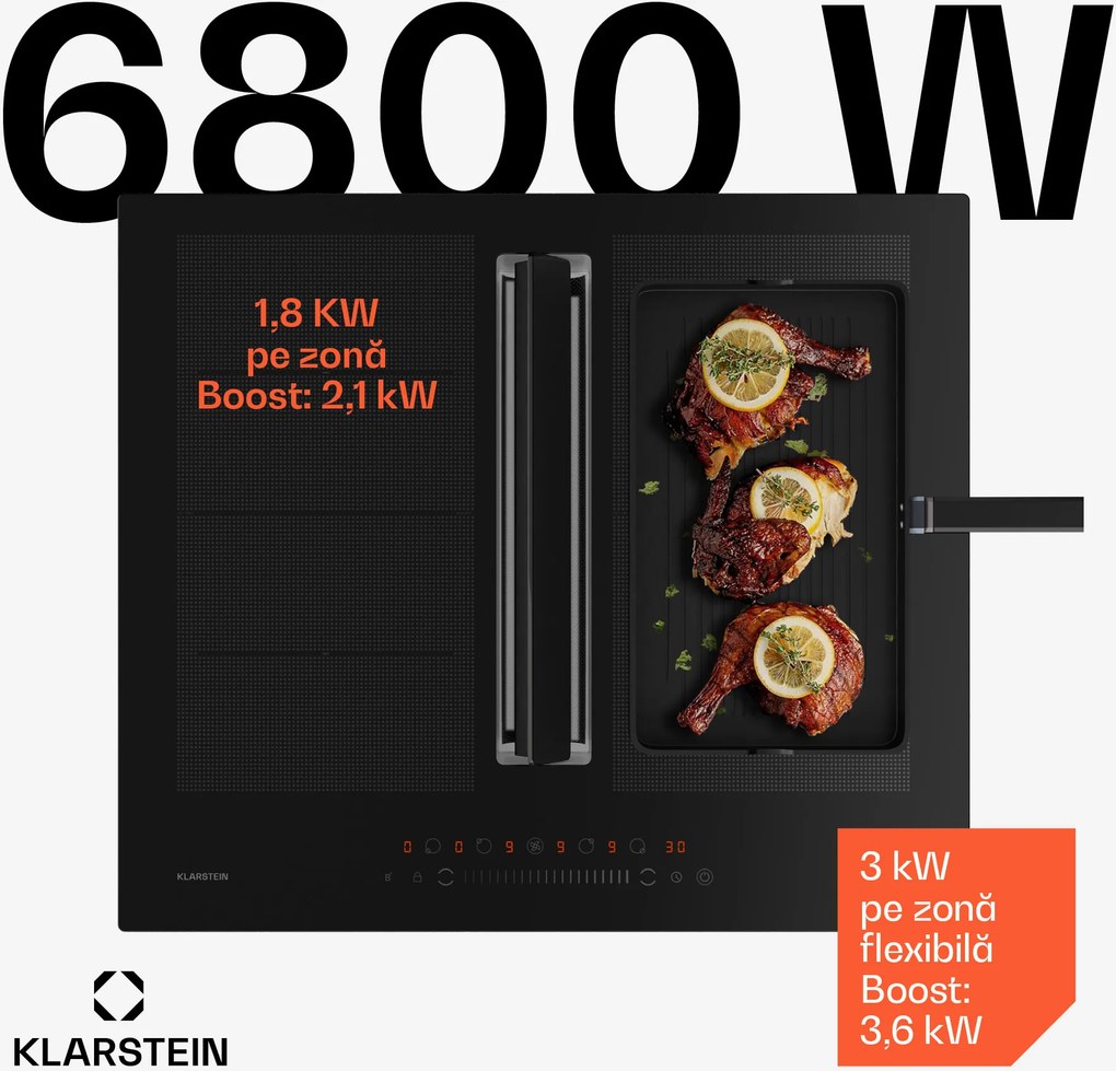 Klarstein Chef-Fusion Down Air System plită cu inducție + hotă 60cm 598 m³/h capacitate evacuare EEC A