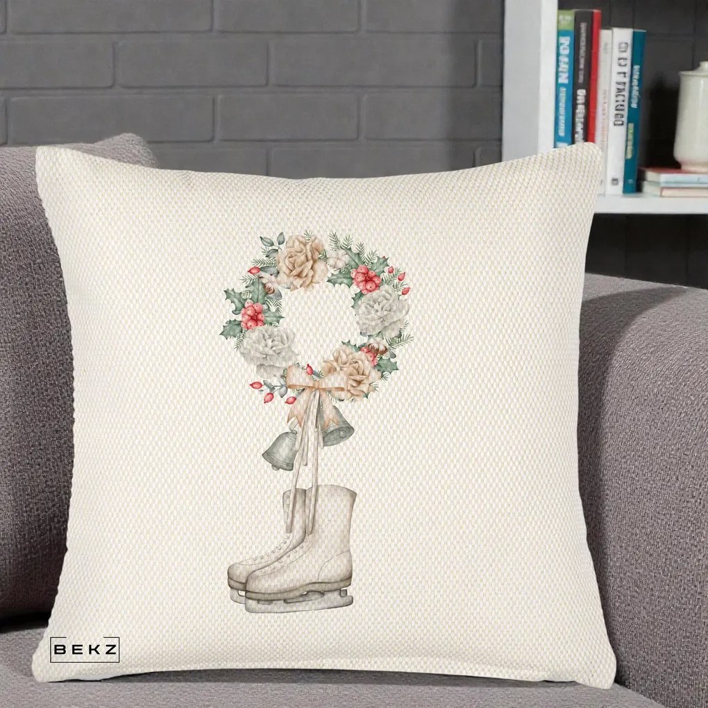 Perna Decorativa Patine cu Coroana Florala de Craciun, 40x40 cm, Crem Reliefat, Husa Detasabila, Perna Inclusa, BEKZ®