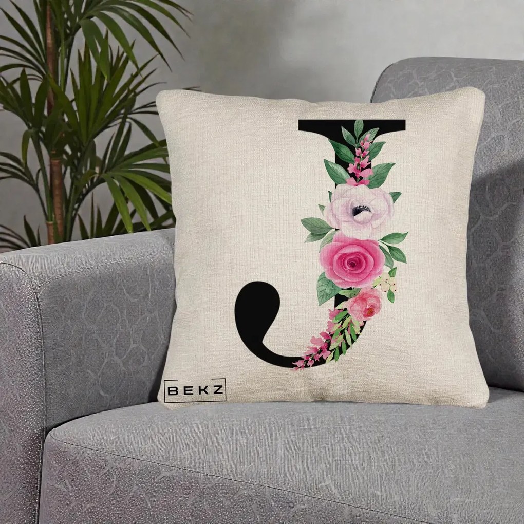 Cadou Personalizat - Perna Personalizata Monograma Florala Litera J, 40x40 cm, Bej Canapea, Husa Detasabila, Perna Inclusa, BEKZ®