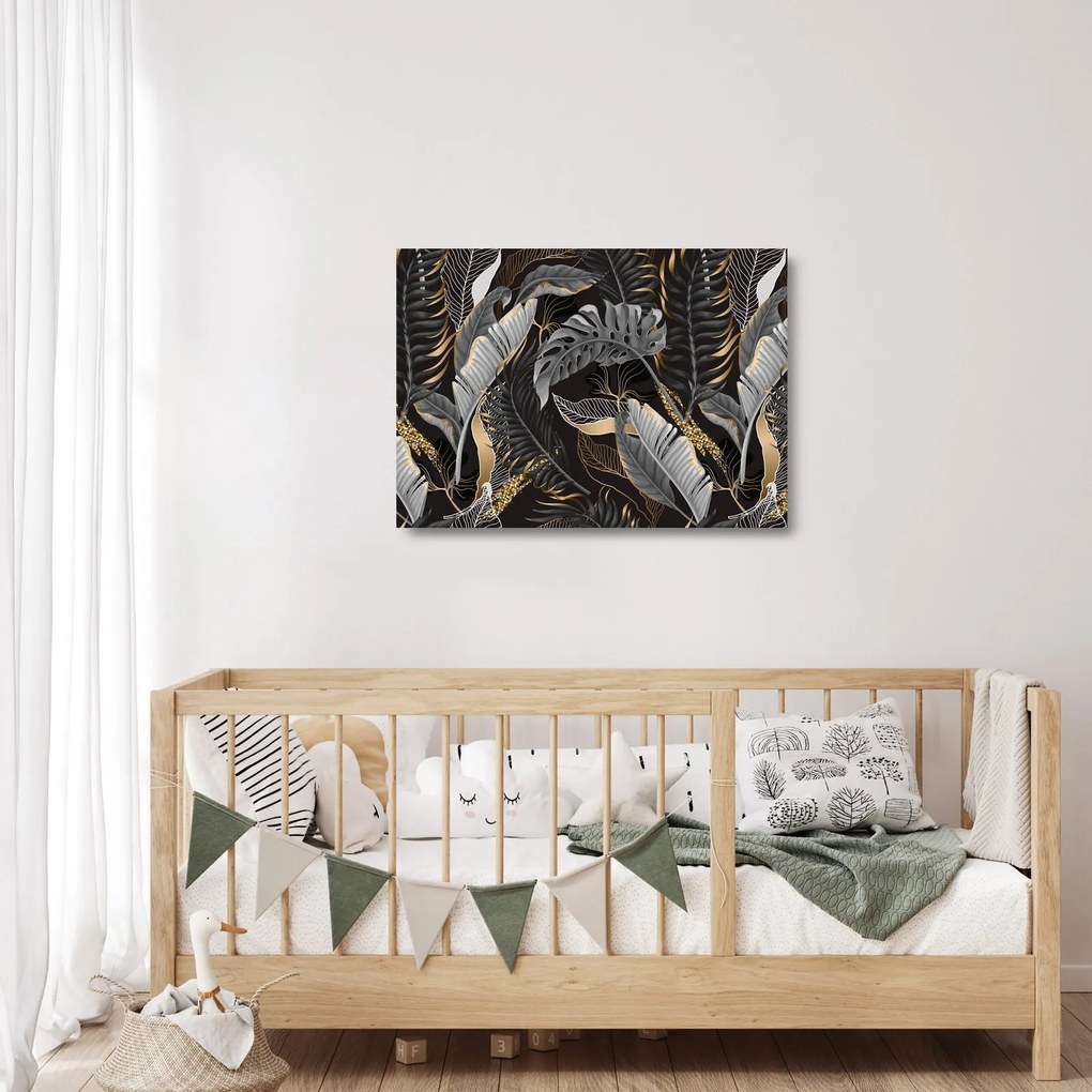 Tablou pe sticlă - Frunze tropicale, Galben - auriu (70x50 cm)