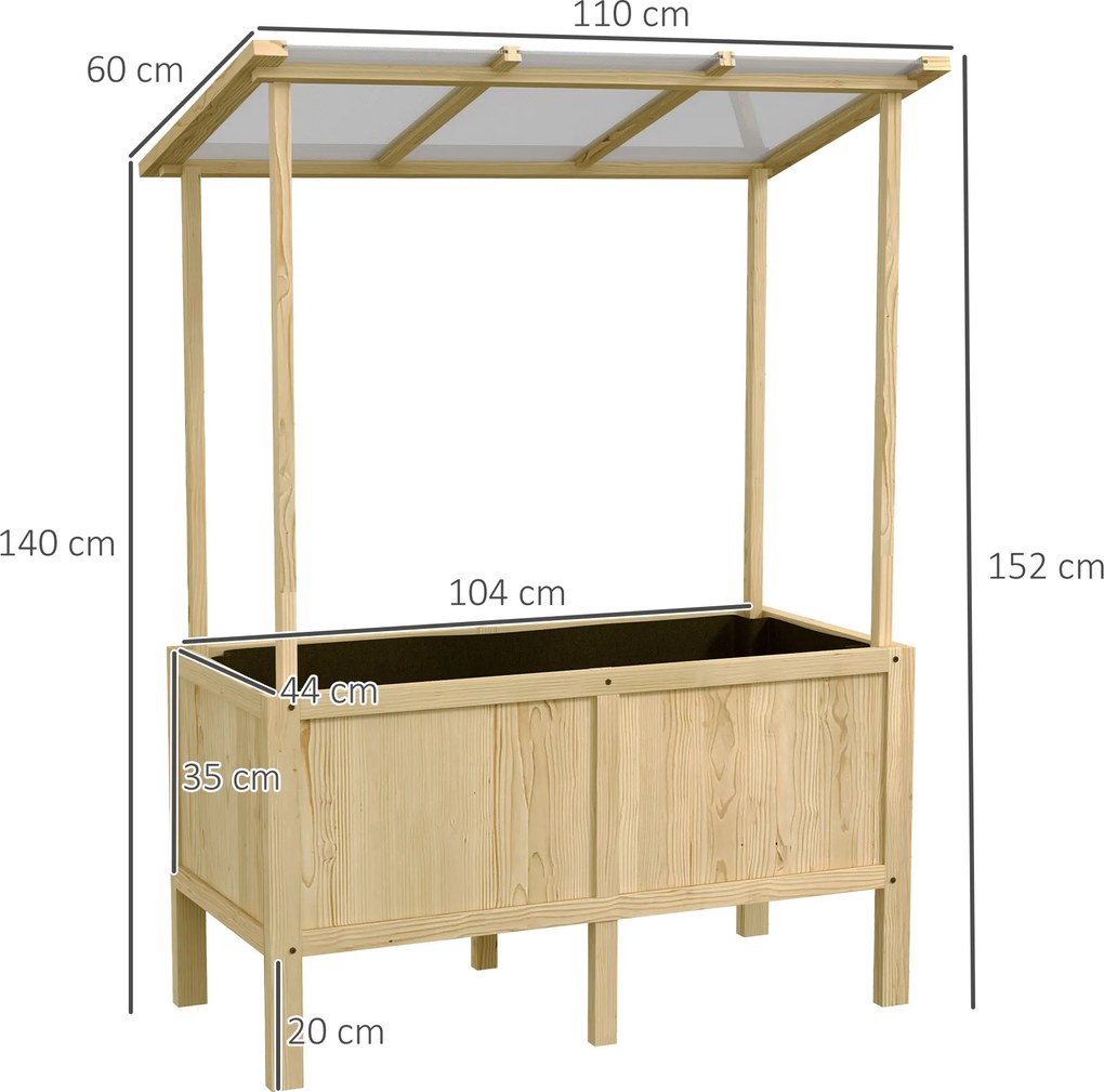 Outsunny Jardinieră înălțată cu acoperiș, orificii de drenaj, căptușeală din material nețesut, rezistentă la intemperii, lemn de brad, 110x60x152 cm | Aosom Romania