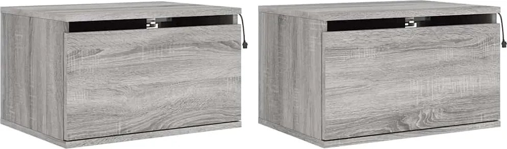 vidaXL Noptiere montate pe perete cu lumini LED, 2 buc., sonoma gri