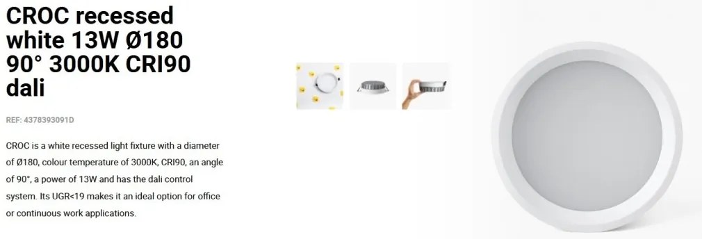 Spot LED incastrabil recessed white 13W 18cm 90 grade 3000K CRI90 dali