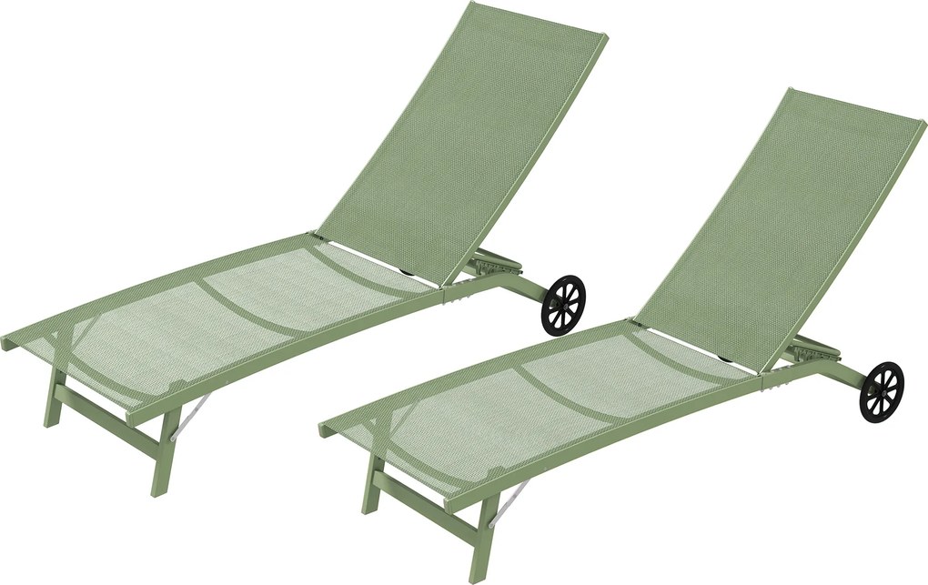 Outsunny Set de 2 șezlonguri din aluminiu și textilenă cu roți spătar rabatabil sarcină max. 150 Kg verde închis | Aosom Romania