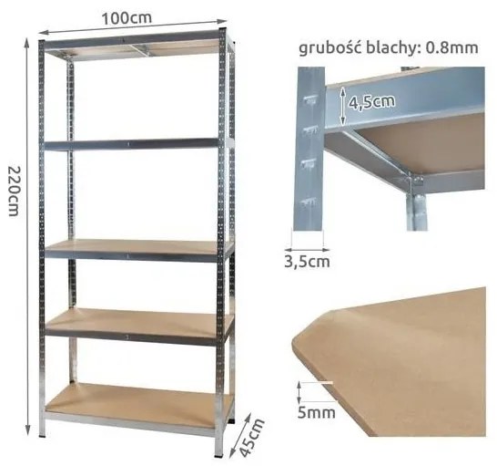 ShopJK RAFT METALIC ZINCAT FĂRĂ ȘRUBURI 220x100x45 CM , CAPACITATE DE ÎNCĂRCARE 875 kg
