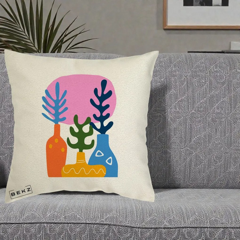 Perna Decorativa Vaze Botanice Abstract, 40x40 cm, Ecru, Husa Detasabila, Perna Inclusa, BEKZ®