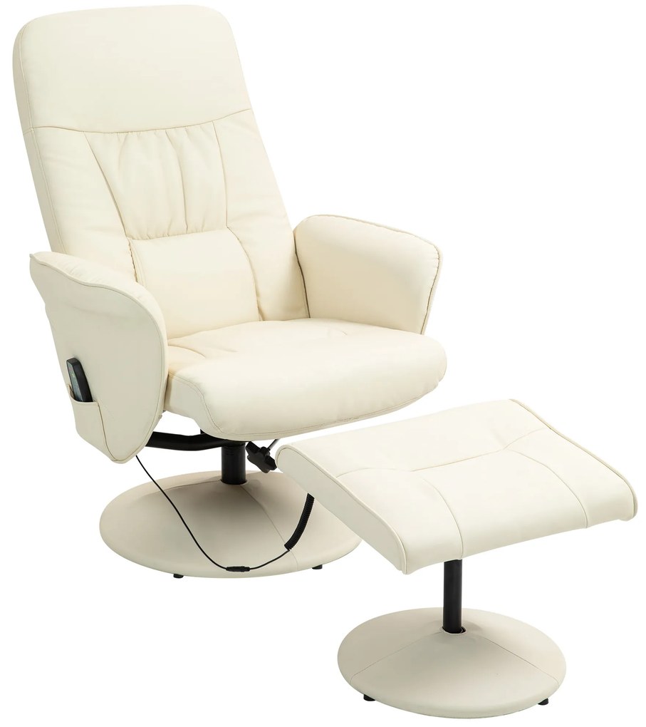 HOMCOM Fotoliu de masaj cu taburet, Scaun ergonomic cu 10 puncte de vibrații, Piele ecologică, 76 x 81 x 105 cm, Crem | Aosom Romania