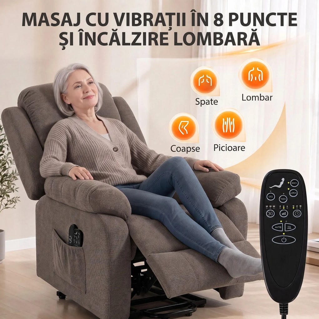 HOMCOM Fotoliu electric cu ridicare și reclinare, cu masaj și încălzire, din material cu efect de in, maro deschis | Aosom Romania