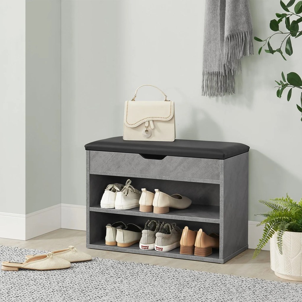 Suport pantofi cu capac rabatabil și scaun tapițat 60 x 30 x 44 cm aspect beton