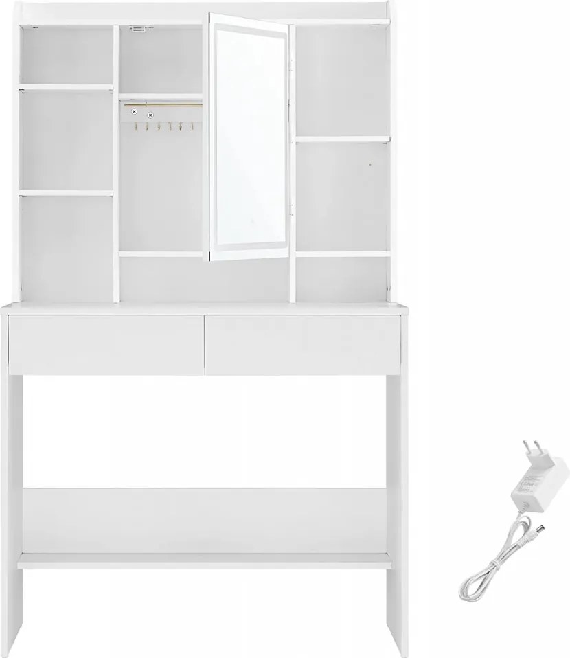 Masuta machiaj cu Oglinda LED si 2 Sertare pentru Cosmetice, Set Masa toaleta 90 cm, Alb, masuta cosmetica, vanity cu sau fara Priza, cu sau fara