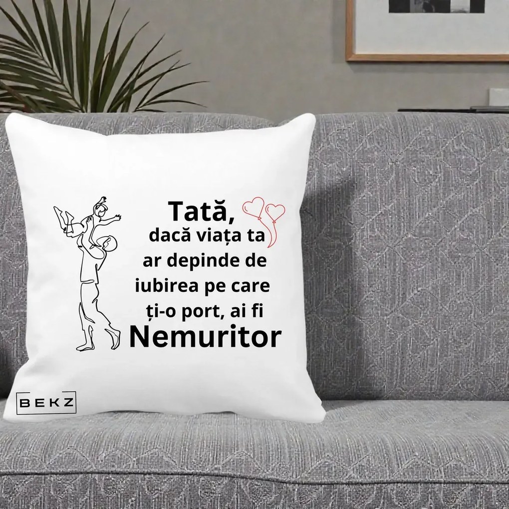 Cadou pentru Tata - Perna Personalizata Tata Nemuritor Joaca in Aer, 40x40 cm, Alba Mata, Husa Detasabila, Perna Inclusa, BEKZ®